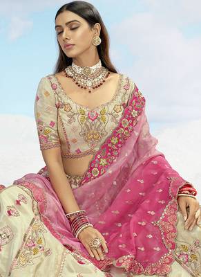 Cream & Pink silk blend Embroidered Lehenga Choli 3