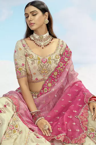 Cream & Pink silk blend Embroidered Lehenga Choli