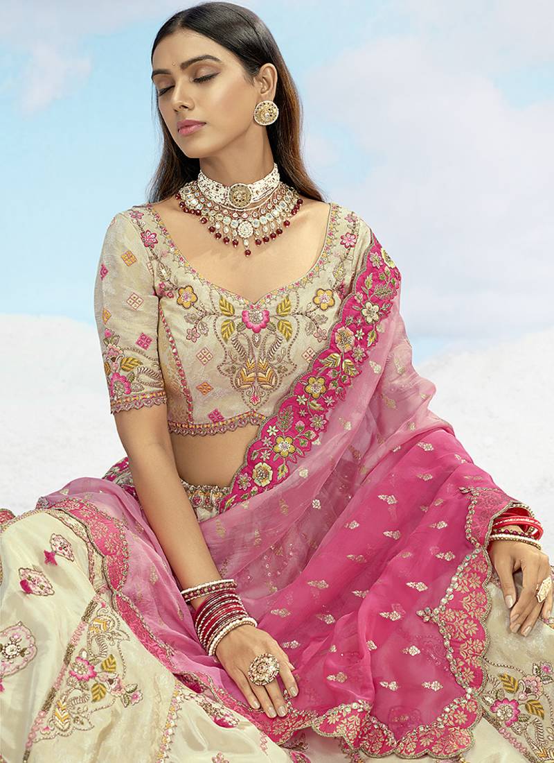 Cream & Pink Silk Wedding Lehenga Choli with Embroidery & Stone Work
