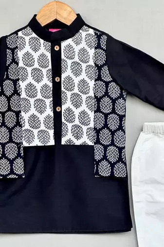 Black kurta with printed attached jacket and pant
