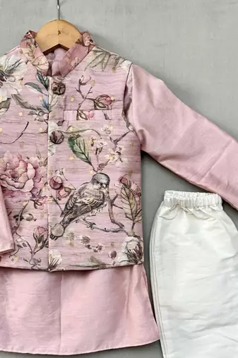 Pastel pink floral nehru jacket set with pants