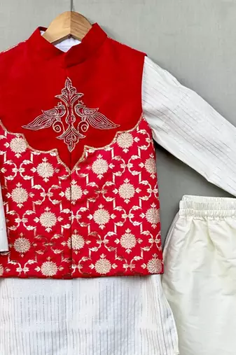 Embroidered nehru jacket in brocade with kurta and pants