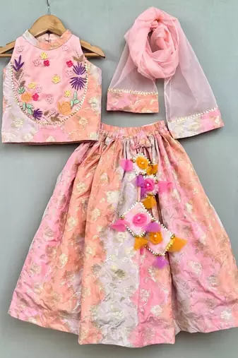 Pastel pink floral hand- embroidered lehenga set with dupatta