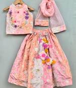 Pastel pink floral hand- embroidered lehenga set with dupatta