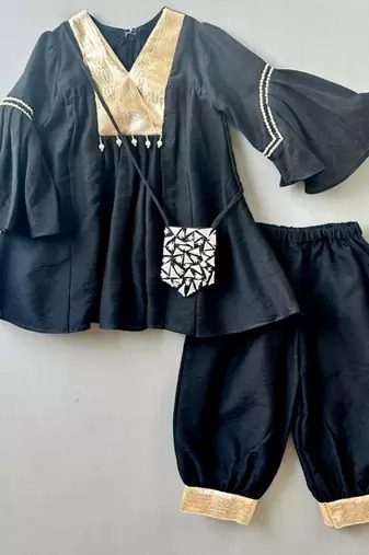 Black & gold kurti patiala set with sling bag