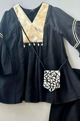 Black & gold kurti patiala set with sling bag