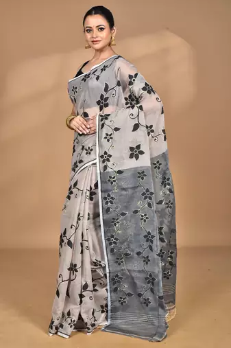 beige Cotton Dhakai Jamdani Handloom Saree With Blouse