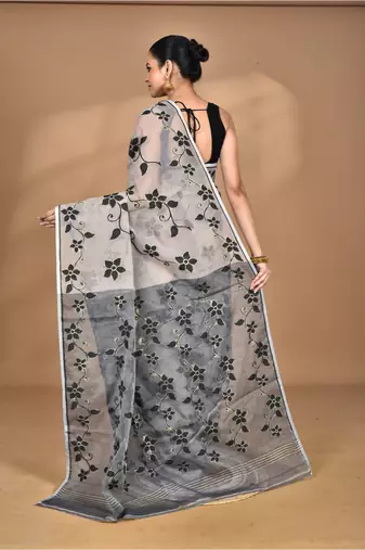 beige Cotton Dhakai Jamdani Handloom Saree With Blouse