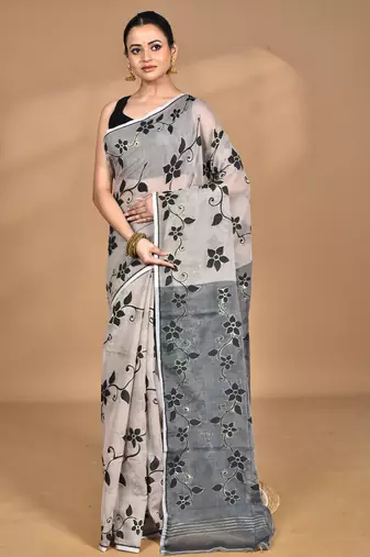 beige Cotton Dhakai Jamdani Handloom Saree With Blouse