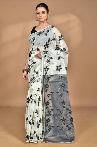 Cream Cotton Dhakai Jamdani Handloom Saree With Blouse
