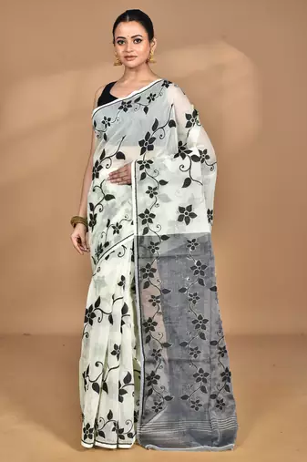 Cream Cotton Dhakai Jamdani Handloom Saree With Blouse
