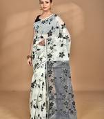 Cream Cotton Dhakai Jamdani Handloom Saree With Blouse