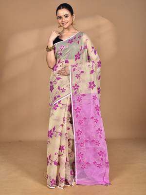 beige Cotton Dhakai Jamdani Handloom Saree With Blouse 1