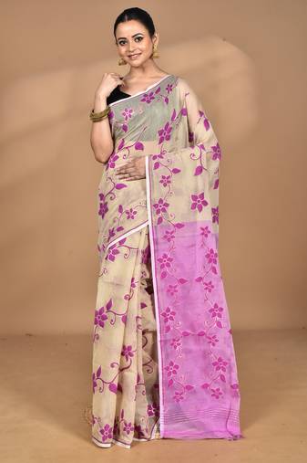 beige Cotton Dhakai Jamdani Handloom Saree With Blouse