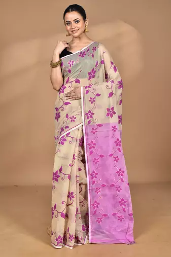 beige Cotton Dhakai Jamdani Handloom Saree With Blouse