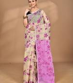 beige Cotton Dhakai Jamdani Handloom Saree With Blouse