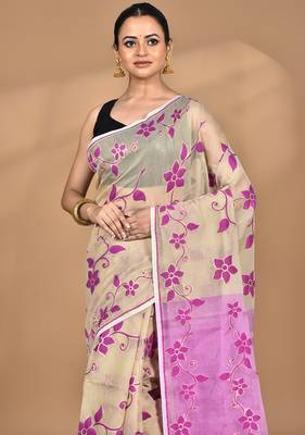 beige Cotton Dhakai Jamdani Handloom Saree With Blouse 2