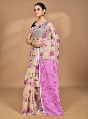 beige Cotton Dhakai Jamdani Handloom Saree With Blouse 3