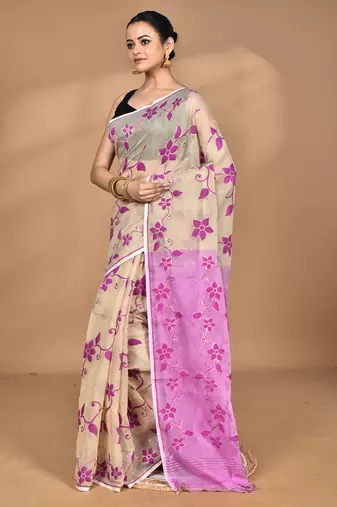 beige Cotton Dhakai Jamdani Handloom Saree With Blouse