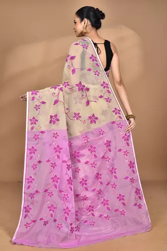 beige Cotton Dhakai Jamdani Handloom Saree With Blouse