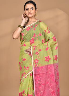 green Cotton Dhakai Jamdani Handloom Saree With Blouse 1