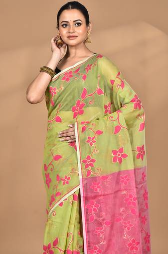 green Cotton Dhakai Jamdani Handloom Saree With Blouse