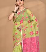 green Cotton Dhakai Jamdani Handloom Saree With Blouse