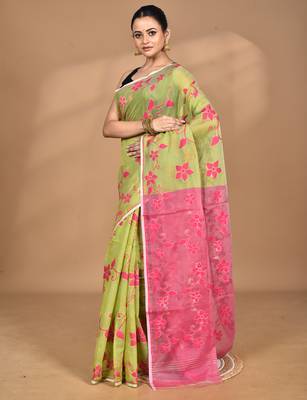 green Cotton Dhakai Jamdani Handloom Saree With Blouse 2