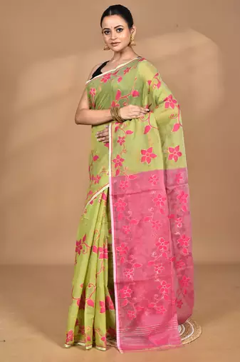 green Cotton Dhakai Jamdani Handloom Saree With Blouse