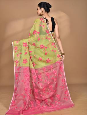 green Cotton Dhakai Jamdani Handloom Saree With Blouse 3