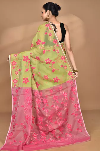 green Cotton Dhakai Jamdani Handloom Saree With Blouse