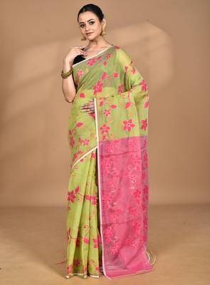 green Cotton Dhakai Jamdani Handloom Saree With Blouse 4