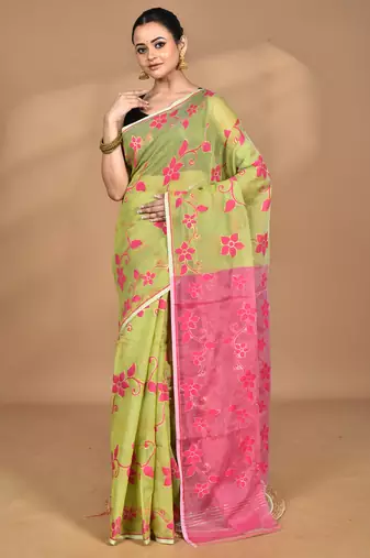 green Cotton Dhakai Jamdani Handloom Saree With Blouse