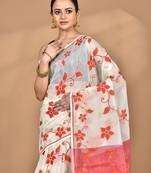 off white Cotton Dhakai Jamdani Handloom Saree With Blouse