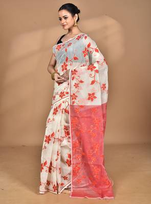 off white Cotton Dhakai Jamdani Handloom Saree With Blouse 2
