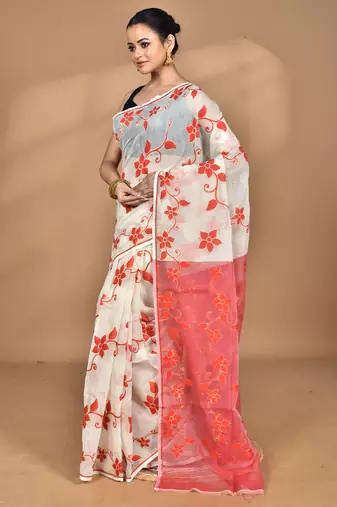 off white Cotton Dhakai Jamdani Handloom Saree With Blouse