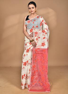 off white Cotton Dhakai Jamdani Handloom Saree With Blouse 4