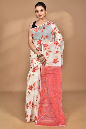 off white Cotton Dhakai Jamdani Handloom Saree With Blouse