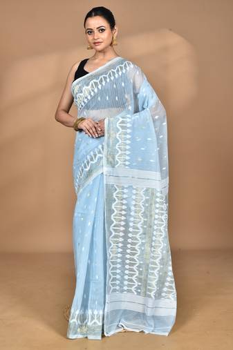 blue Cotton Dhakai Jamdani Handloom Saree With Blouse