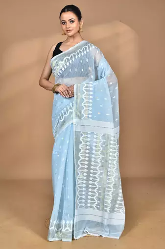 blue Cotton Dhakai Jamdani Handloom Saree With Blouse
