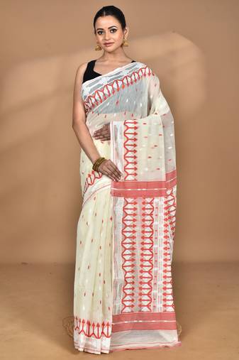 Cream Cotton Dhakai Jamdani Handloom Saree With Blouse