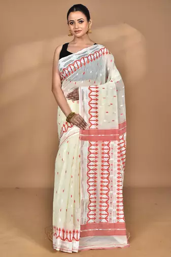 Cream Cotton Dhakai Jamdani Handloom Saree With Blouse