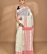 Cream Cotton Dhakai Jamdani Handloom Saree With Blouse