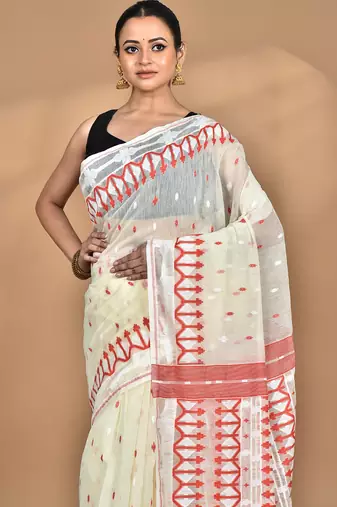 Cream Cotton Dhakai Jamdani Handloom Saree With Blouse