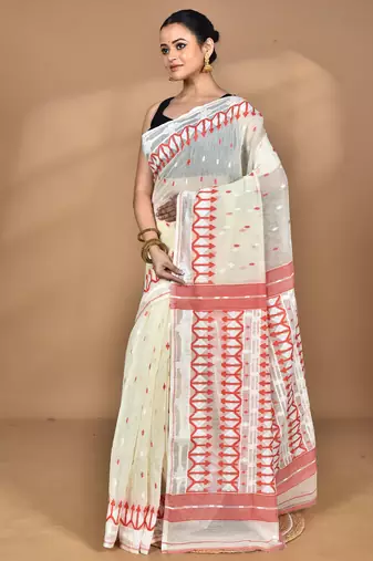 Cream Cotton Dhakai Jamdani Handloom Saree With Blouse