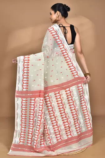 Cream Cotton Dhakai Jamdani Handloom Saree With Blouse