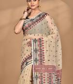 beige Cotton Dhakai Jamdani Handloom Saree With Blouse