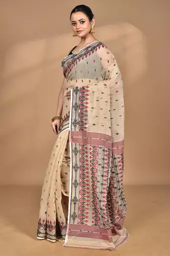 beige Cotton Dhakai Jamdani Handloom Saree With Blouse