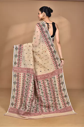 beige Cotton Dhakai Jamdani Handloom Saree With Blouse