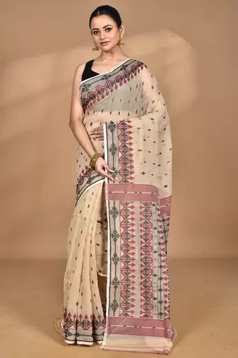 beige Cotton Dhakai Jamdani Handloom Saree With Blouse
